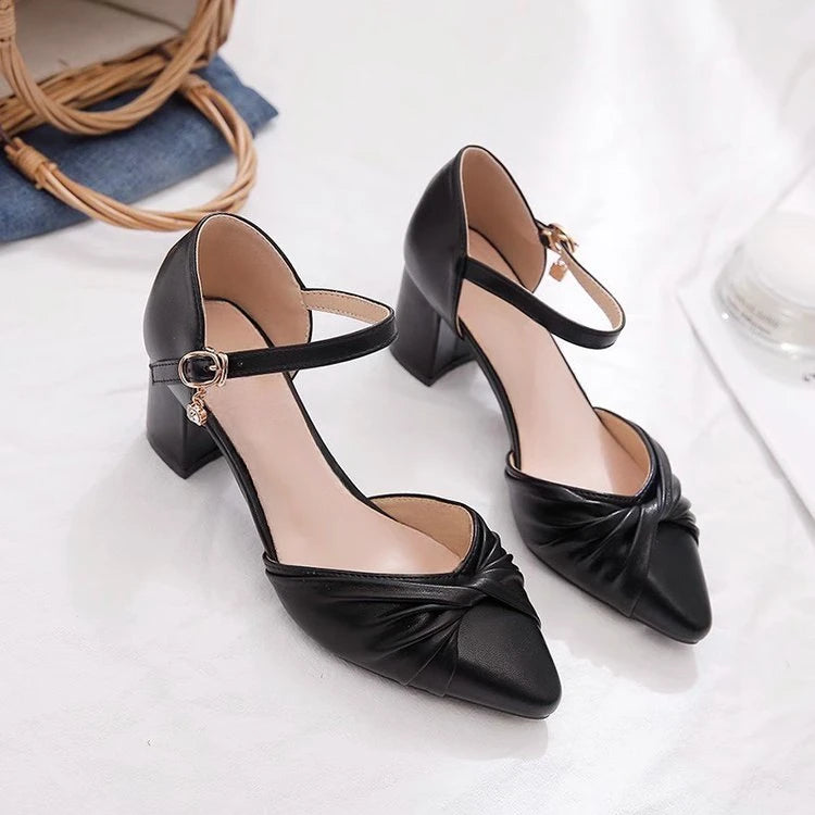 Elegant Bow Ankle Strap Block Heel Pumps for Women