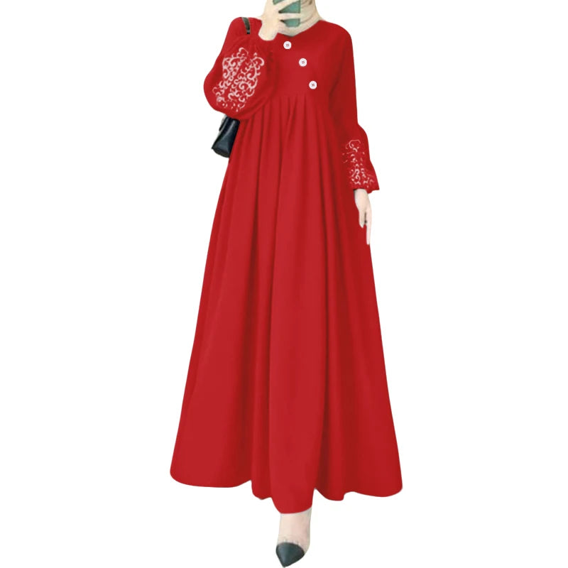 ZANZEA Printed Lantern Sleeve Pleated Abaya Maxi Dress for Women