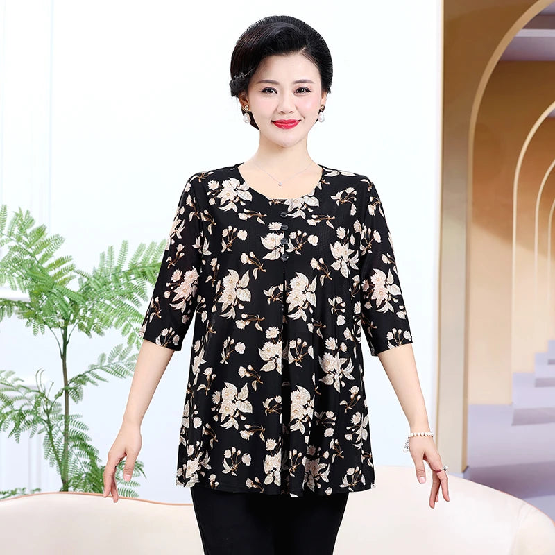 Plus Size Floral Pleated Loose T-Shirt