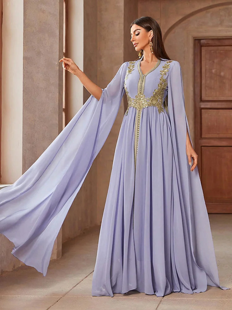 TOLEEN Embroidered Cape Sleeve Arabian Evening Dress
