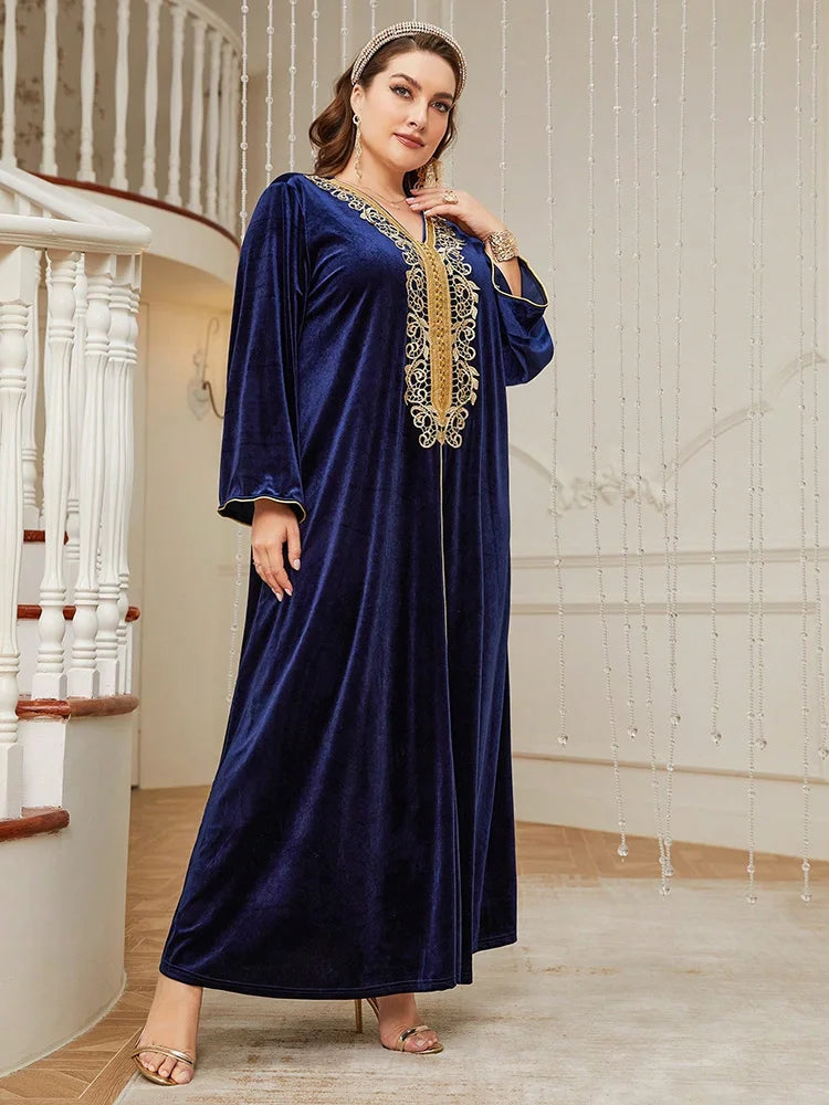 TOLEEN Plus Size Lace Velvet Abaya Maxi Dress