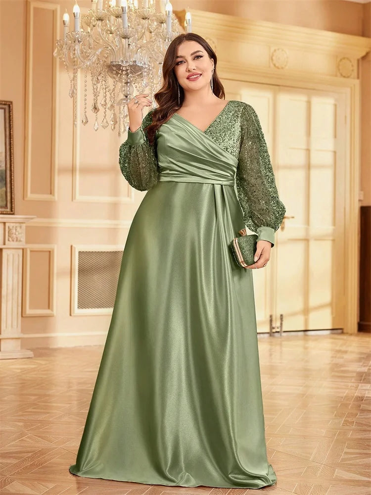 Plus Size Green Sequin V-Neck Evening Gown