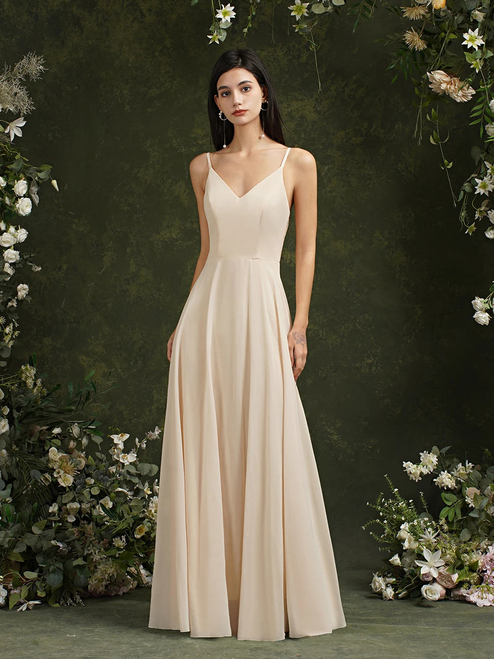 Elegant Sleeveless V-Neck Lace Back Bridesmaid Gown for Women