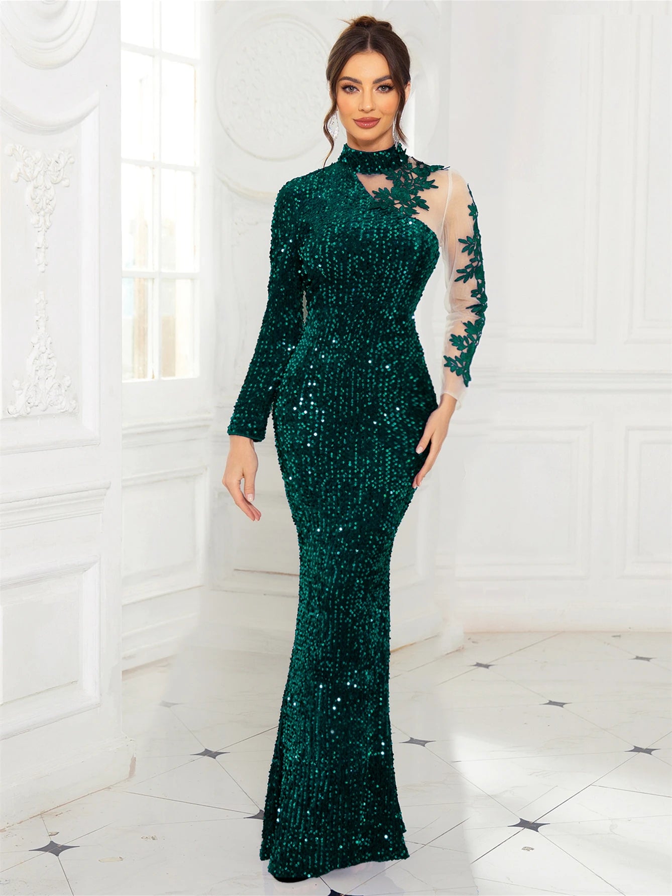 Romagic Royal Blue Mesh Sleeve Evening Gown for Women