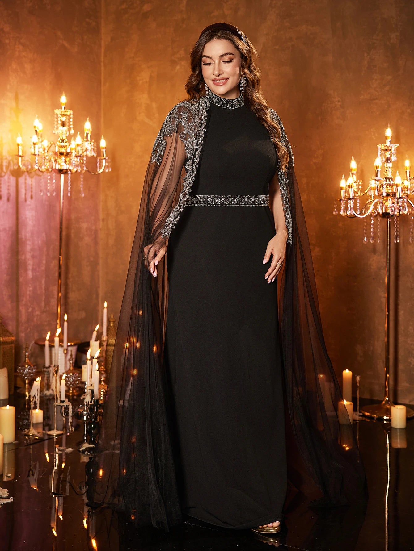 UNITHORSE Plus Size Applique Mesh Maxi Evening Dress
