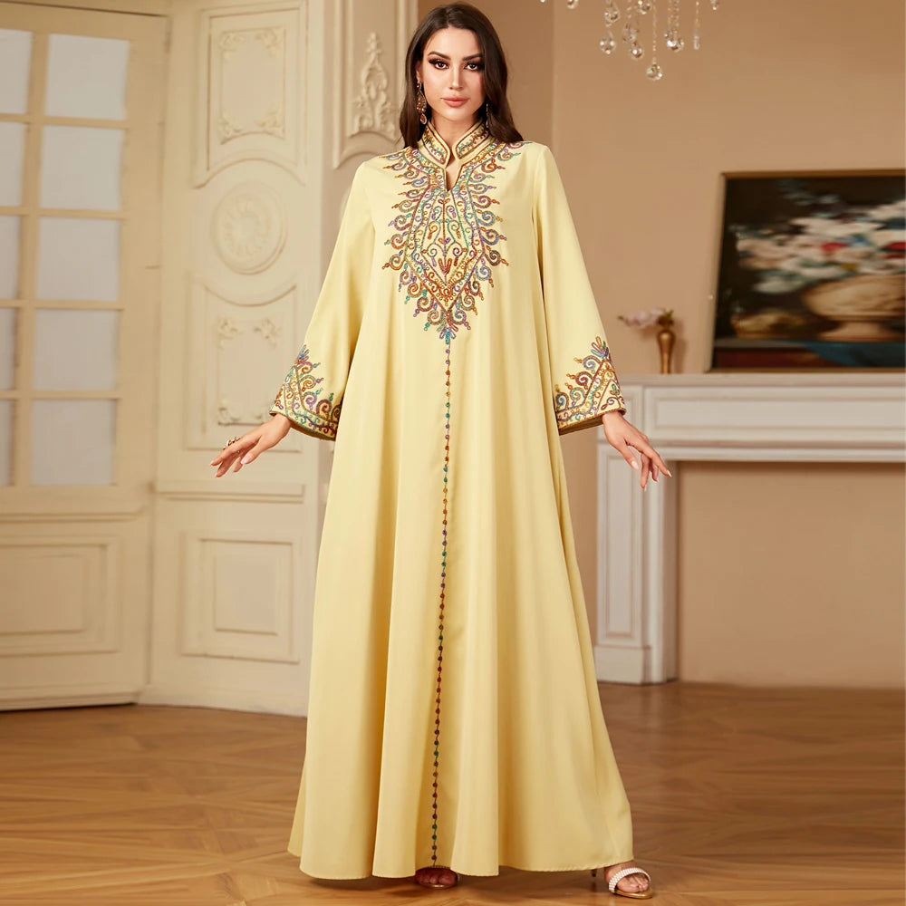 Embroidered V-Neck Dubai Abaya Jalabiya Dress for Women