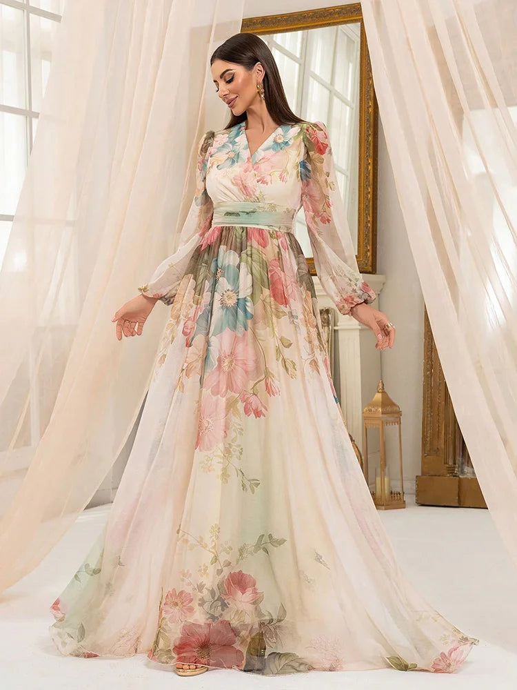 TOLEEN Women’s Floral Print Lantern Sleeve Maxi Dress