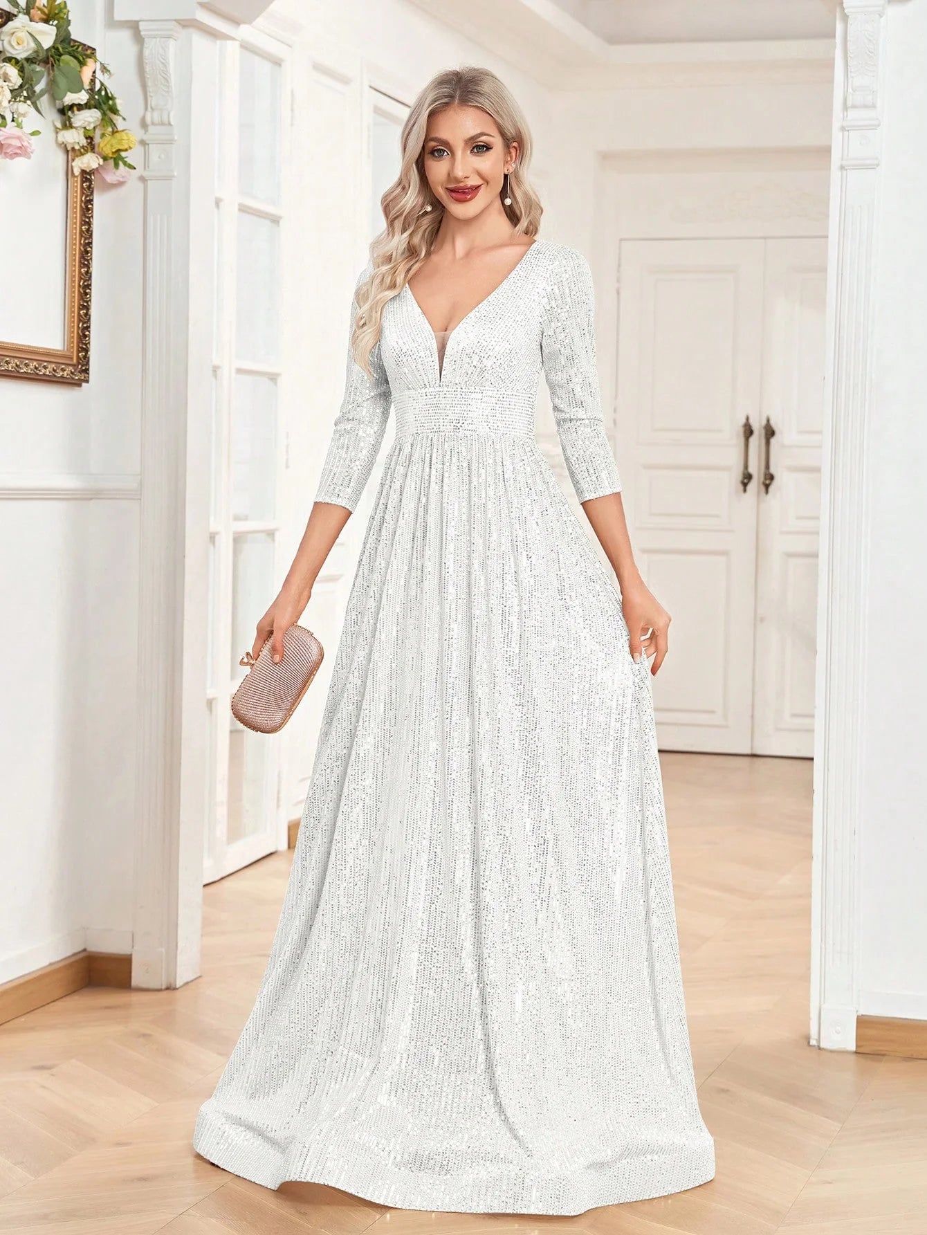 Luxury Blue Sequin V-Neck Evening Gown for Women