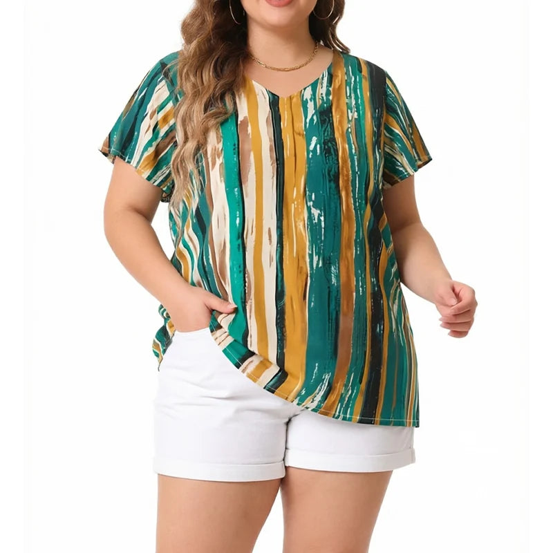 Plus Size Abstract Stripe Print V-Neck Top