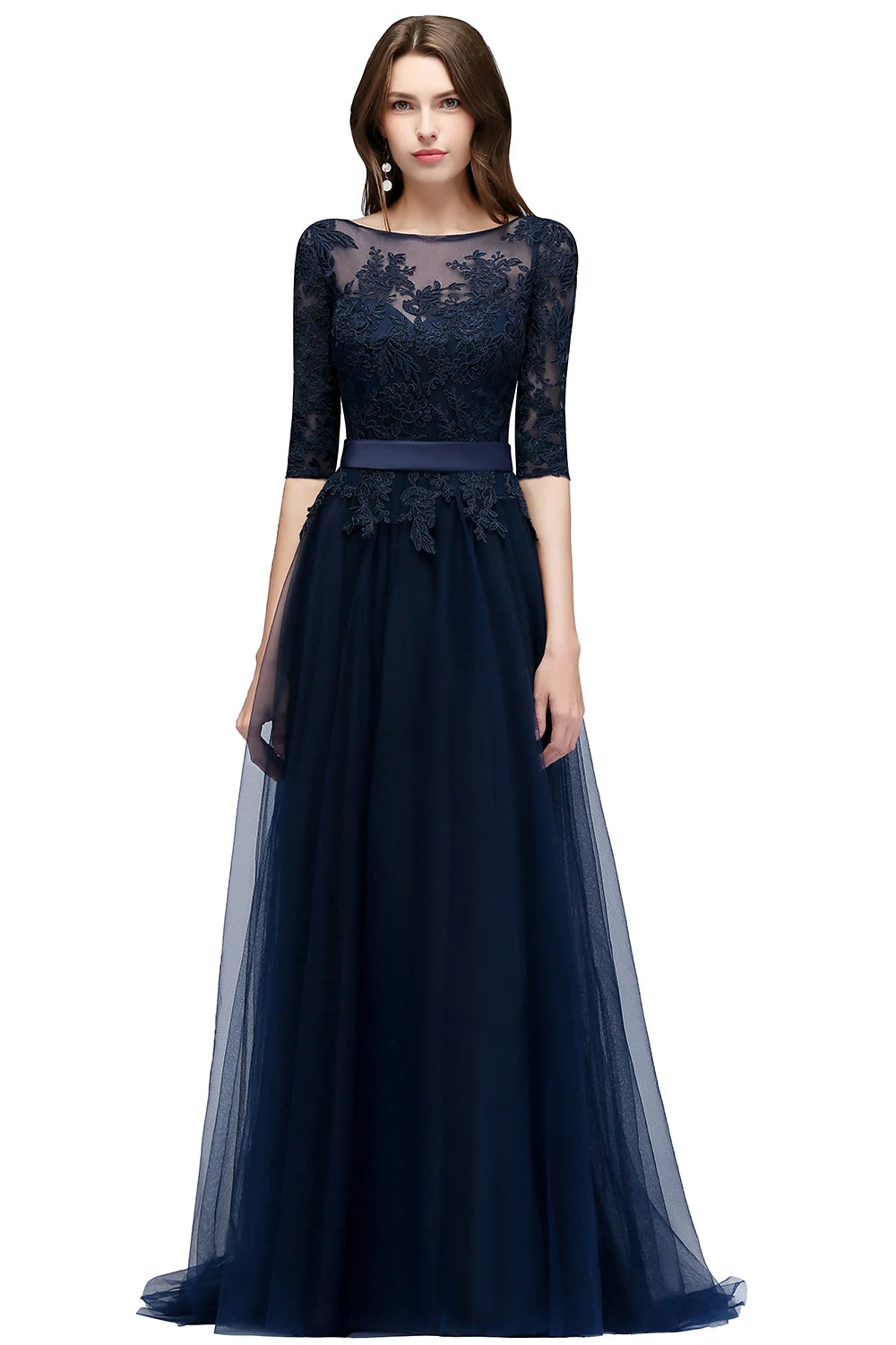 Navy Blue Lace Appliqué Tulle Evening Gown for Women