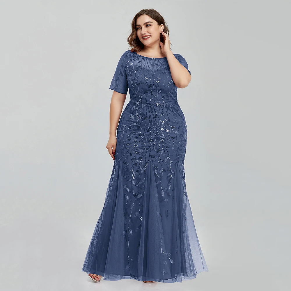 Plus Size Sequin Embroidered Mermaid Evening Gown for Women