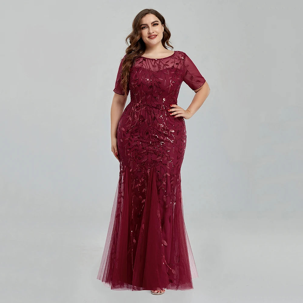 Plus Size Sequin Embroidered Mermaid Evening Gown for Women