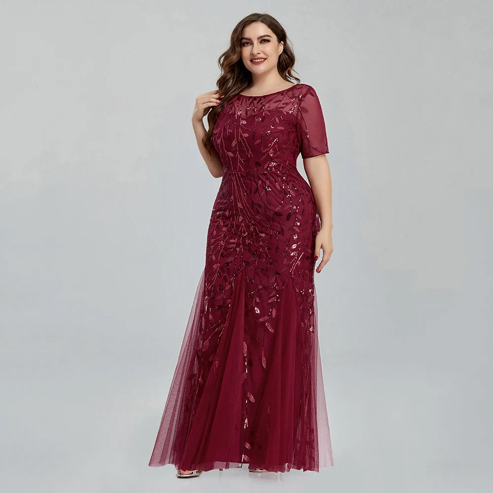 Plus Size Sequin Embroidered Mermaid Evening Gown for Women