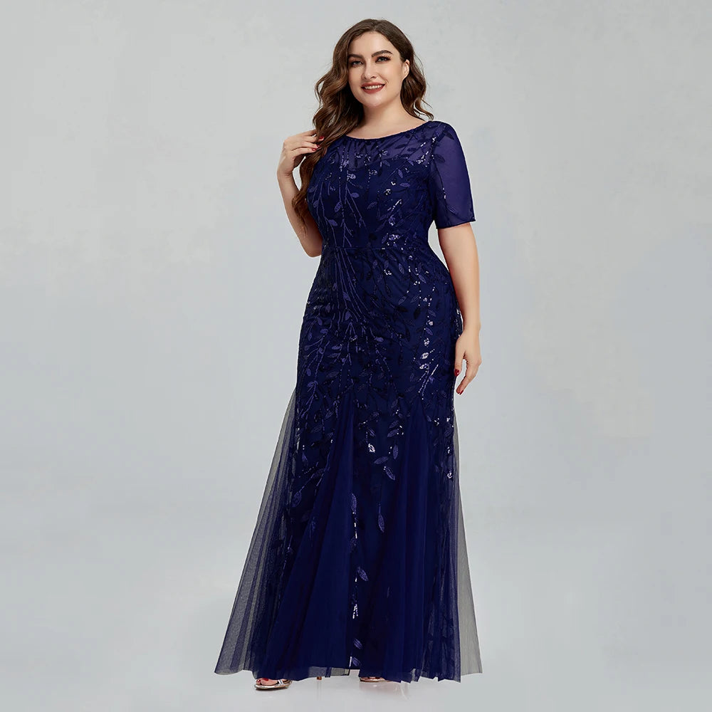 Plus Size Sequin Embroidered Mermaid Evening Gown for Women
