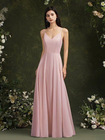 Elegant Sleeveless V-Neck Lace Back Bridesmaid Gown for Women