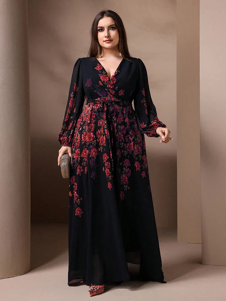 TOLEEN Plus Size Floral Print V-Neck Maxi Dress