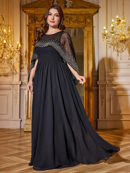 UNITHORSE Plus Size Cape Sleeve Sequin Chiffon Dress