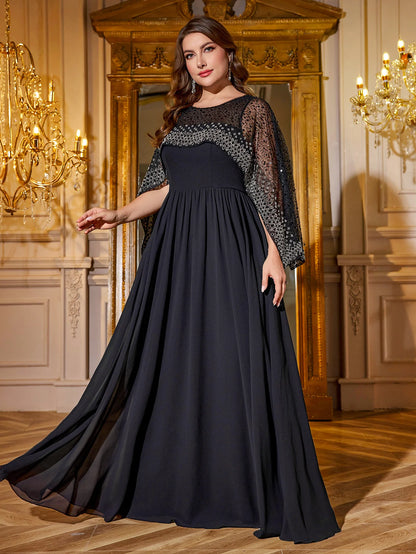 UNITHORSE Plus Size Cape Sleeve Sequin Chiffon Dress
