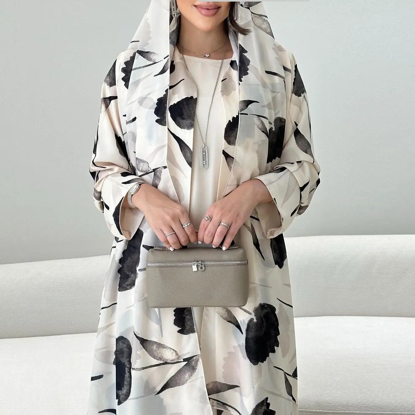 Watercolor Floral Print Abaya & Hijab 2-Piece Set for Women