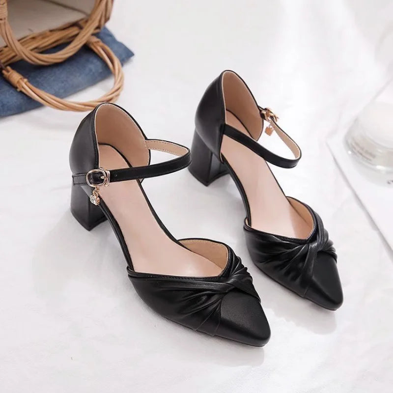 Elegant Bow Ankle Strap Block Heel Pumps for Women