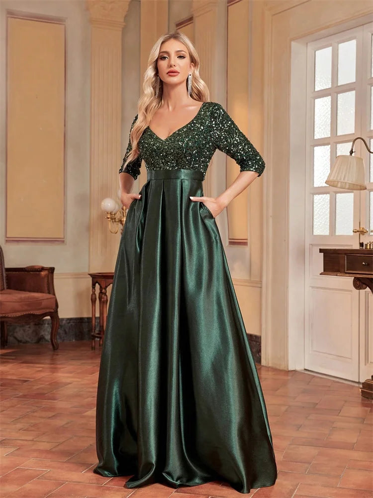 Elegant Green Sequin Satin Evening Gown for Women