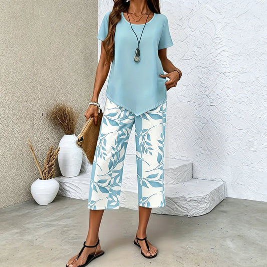 Women’s Leaf Print Pants & Asymmetrical Top Set