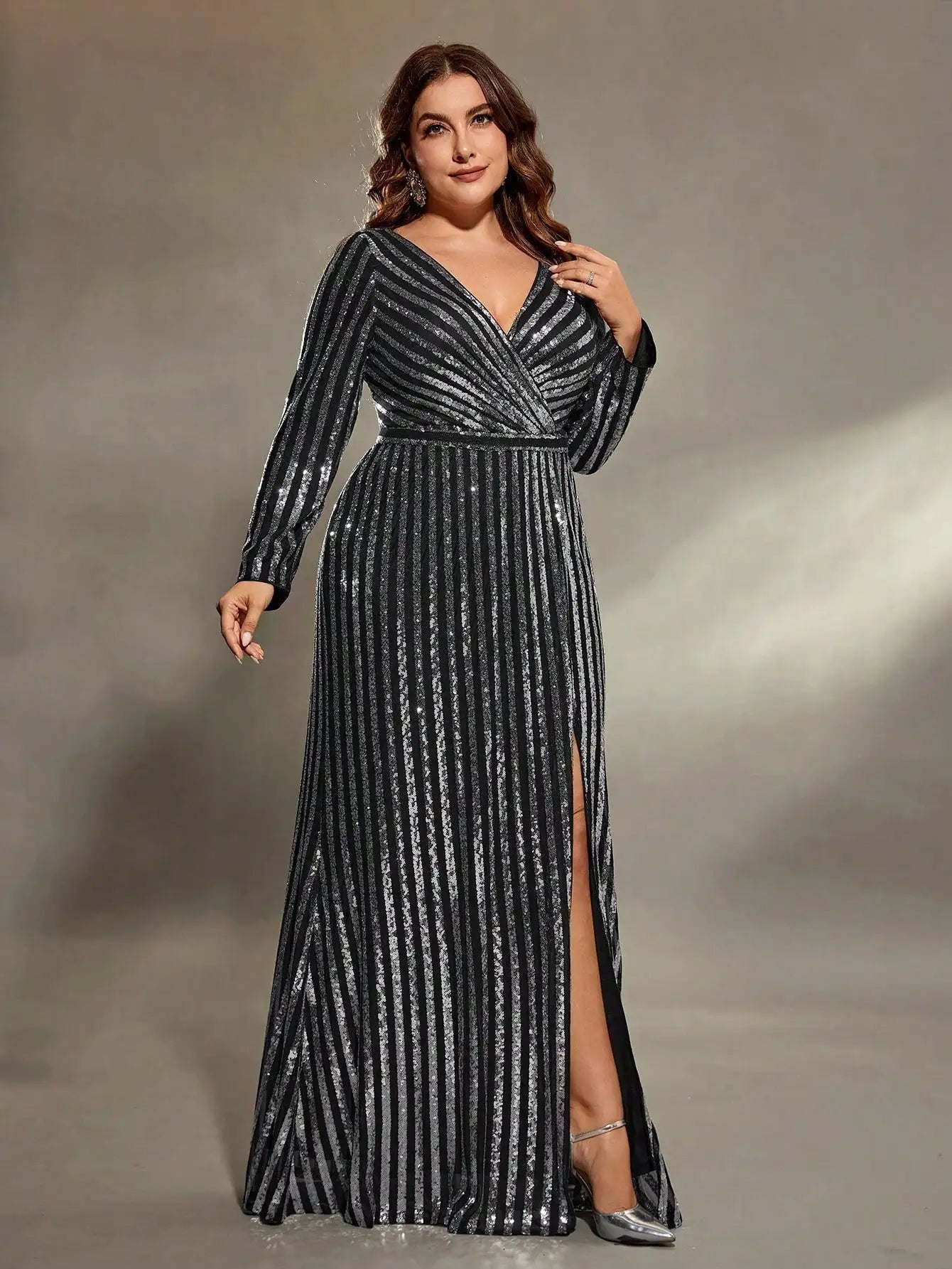 Mgiacy V-Neck Sequin Slit A-Line Maxi Dress