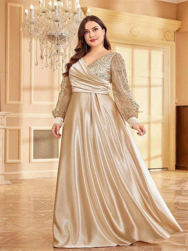 Plus Size Green Sequin V-Neck Evening Gown