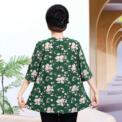 Plus Size Floral Pleated Loose T-Shirt