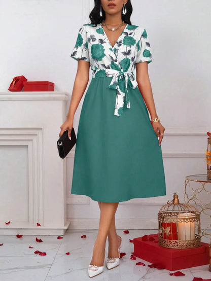 Women’s Floral Print Tie Waist Midi Dress