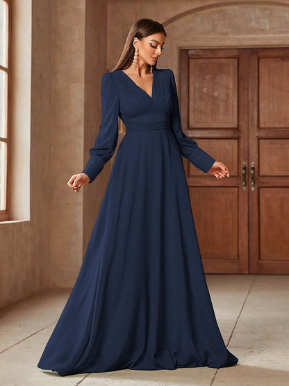 TOLEEN Elegant V-Neck Long Sleeve Maxi Dress