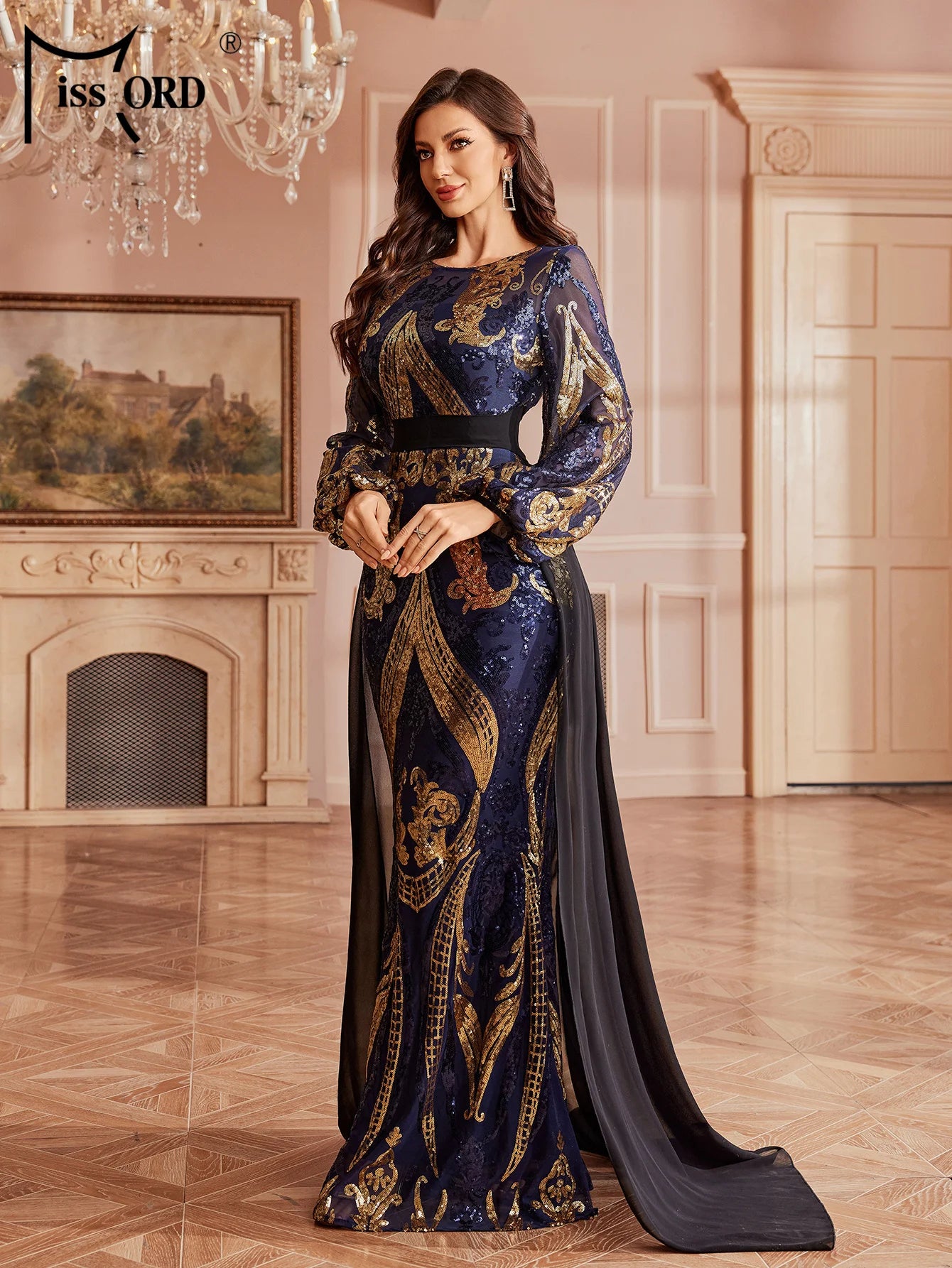 Missord Sequin Lantern Sleeve Mermaid Evening Gown