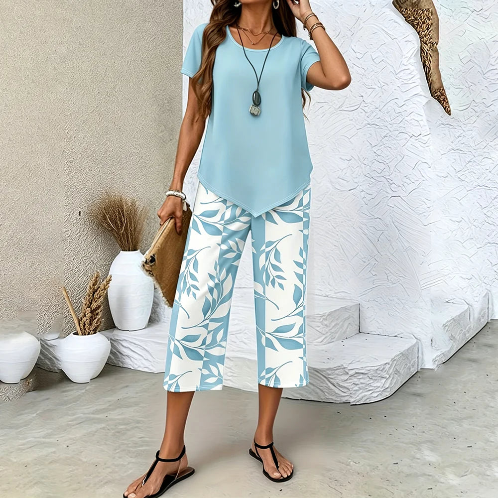 Women’s Leaf Print Pants & Asymmetrical Top Set
