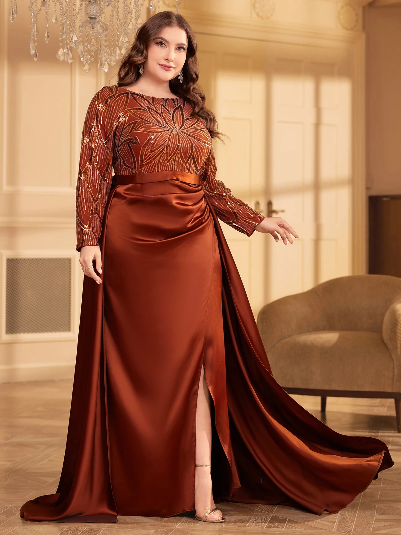 UNITHORSE Sequin Satin Appliqué Evening Dress