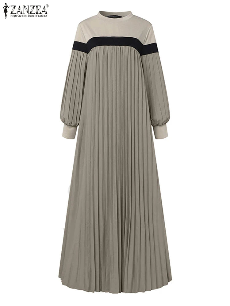 ZANZEA Autumn Women Muslim Dress Turkey Abaya Elegant Long Lantern Sleeve Patchwork Sundress Pleated Vestidos Islamic Dubai Robe