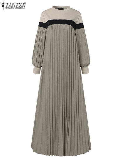 ZANZEA Autumn Women Muslim Dress Turkey Abaya Elegant Long Lantern Sleeve Patchwork Sundress Pleated Vestidos Islamic Dubai Robe