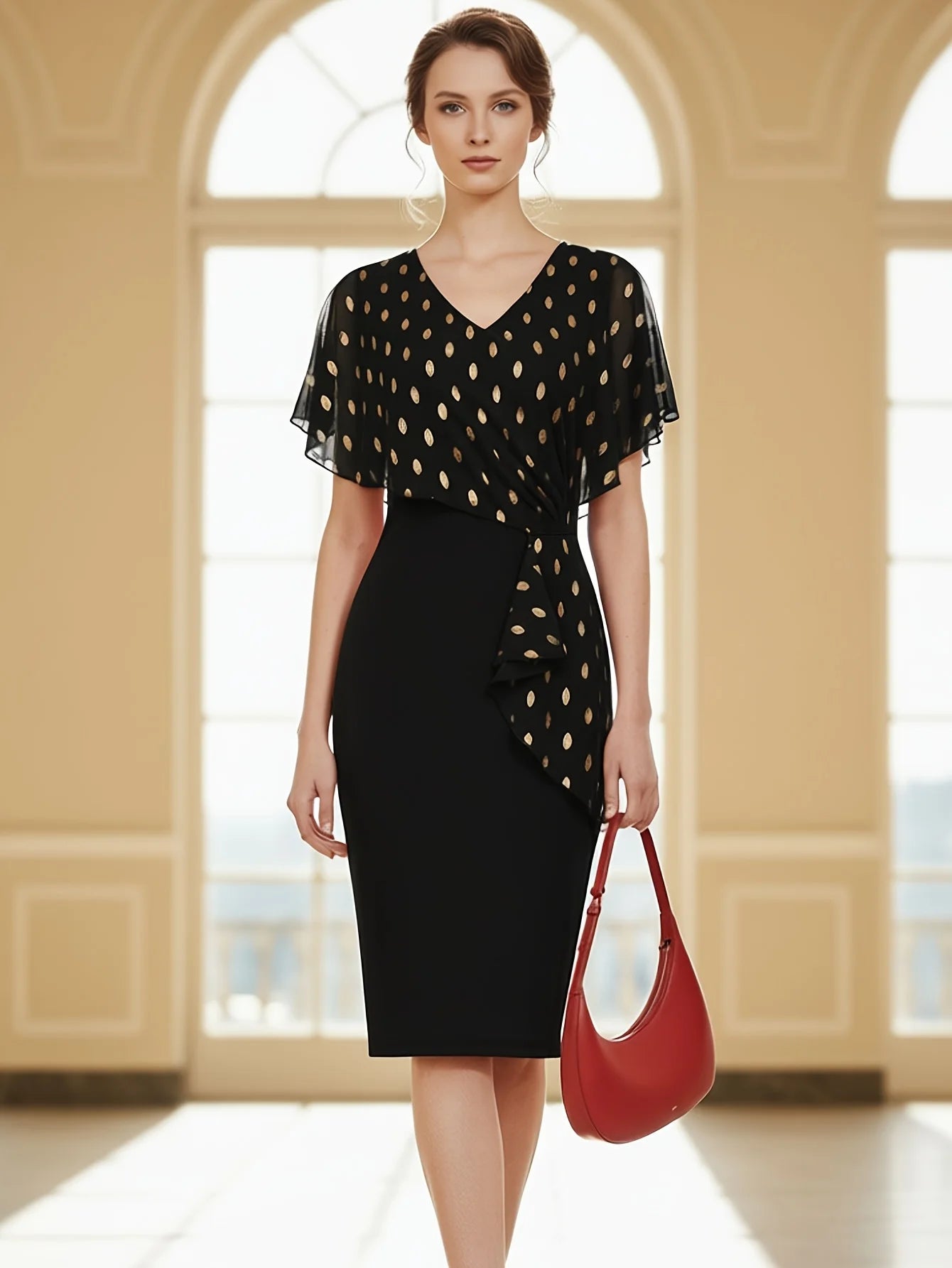 Women’s Polka Dot Cape Ruffle Bodycon Dress