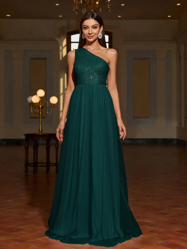 Asymmetrical Sequin Mesh Evening Gown for Women