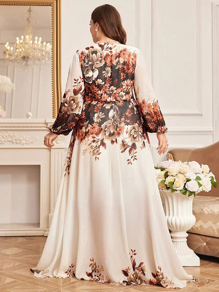 TOLEEN Plus Size Floral Print Lantern Sleeve Maxi Dress