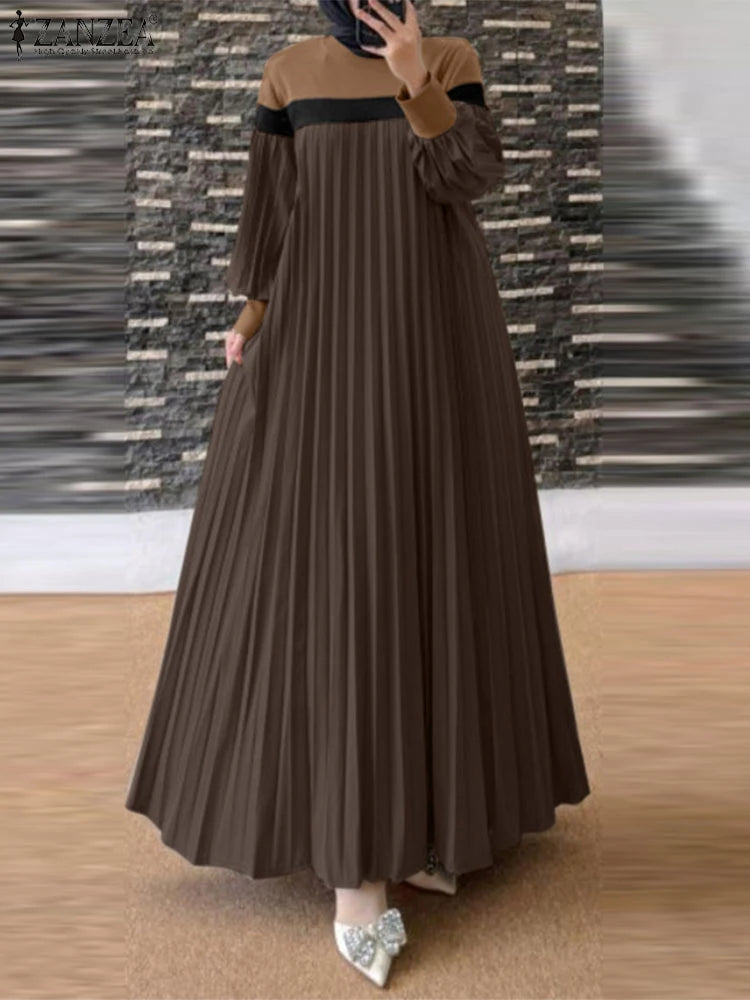 ZANZEA Autumn Women Muslim Dress Turkey Abaya Elegant Long Lantern Sleeve Patchwork Sundress Pleated Vestidos Islamic Dubai Robe