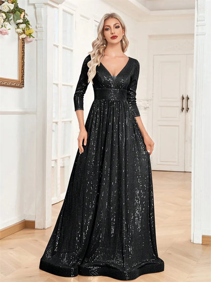 Luxury Blue Sequin V-Neck Evening Gown for Women