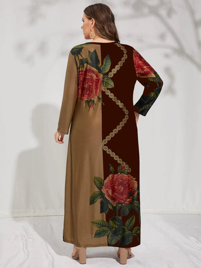 Plus Size Floral Contrast Long Sleeve Dress