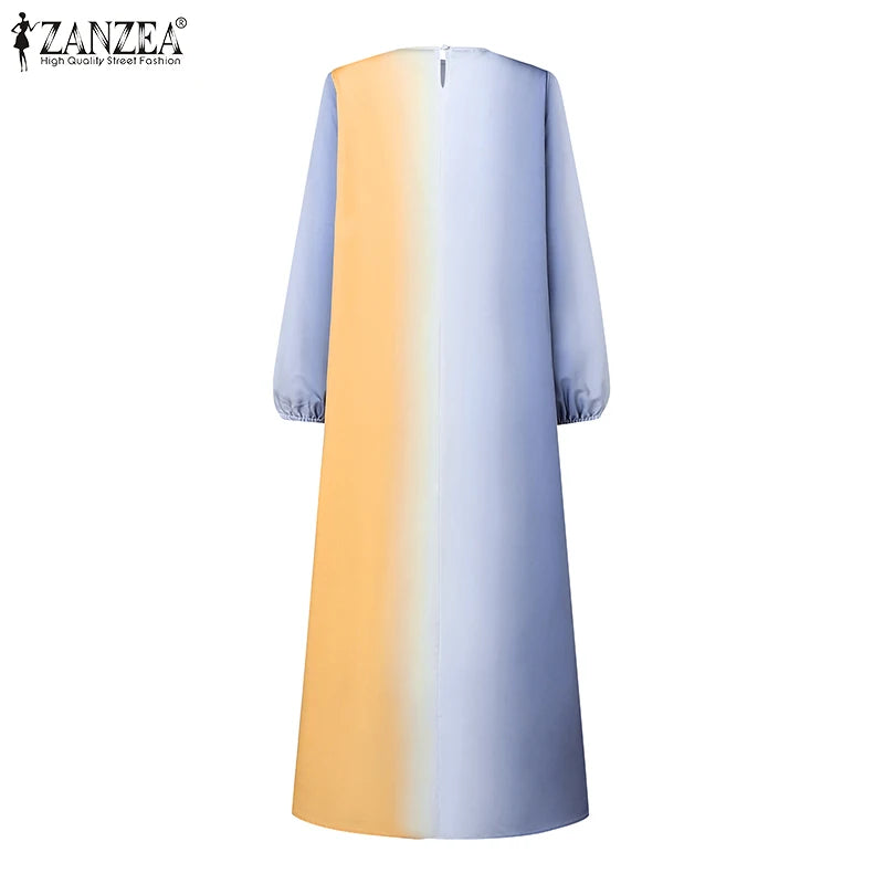ZANZEA Modest Hijabs Women Long Dresses Muslim Fashion O-Neck Long Sleeve Ombre Dress Abaya Robes Woman Loose Maxi Dress 3XL