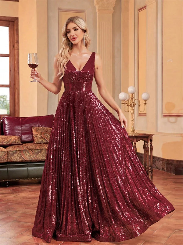 Luxury Red Sequin V-Neck Evening Gown for Women