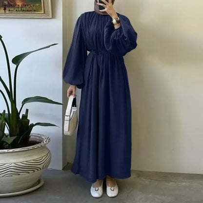 ZANZEA Elegant Lantern Sleeve Pleated Abaya Kaftan Dress for Women