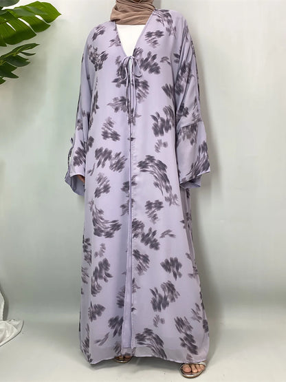 Women's Floral Print Chiffon Open Abaya Kimono