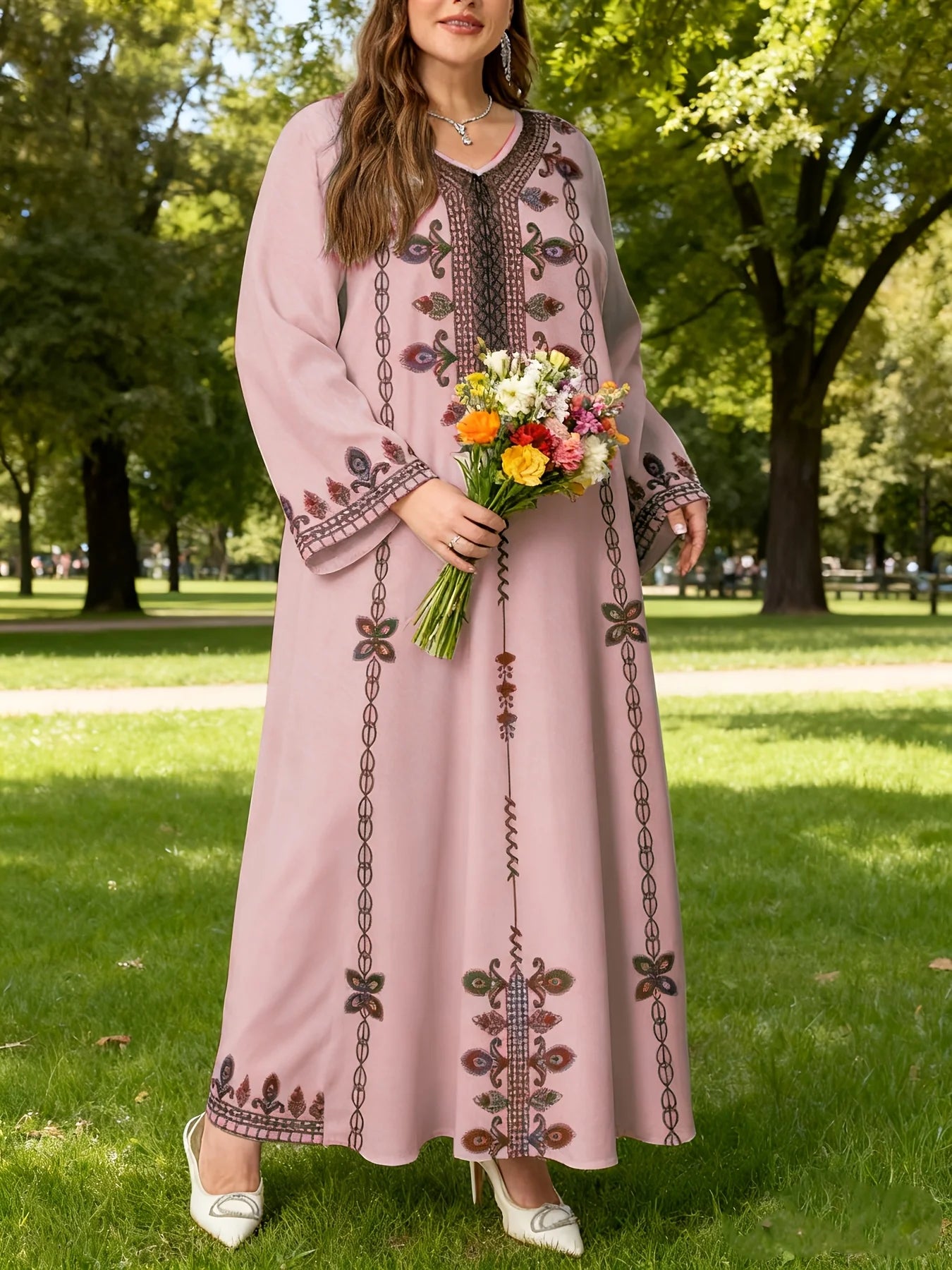 Plus Size Ethnic Print Long Sleeve Robe Dress