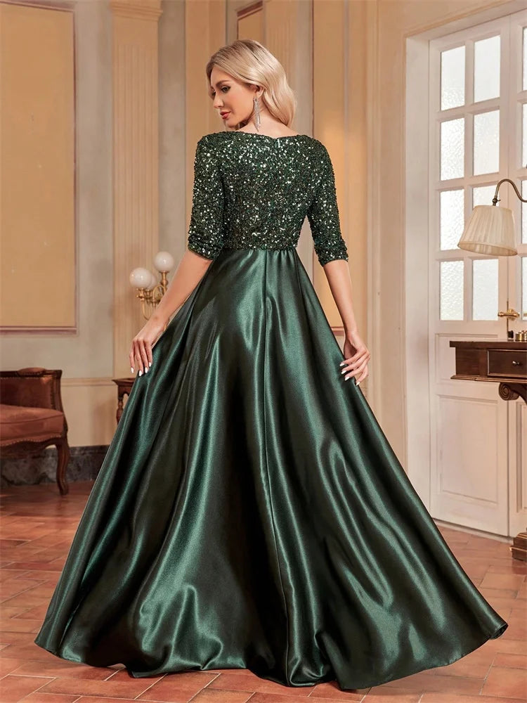 Elegant Green Sequin Satin Evening Gown for Women