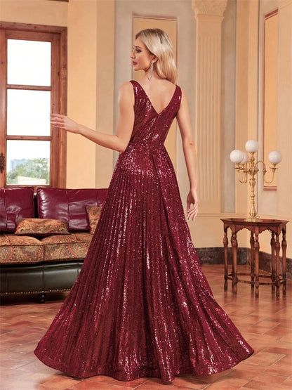 Luxury Red Sequin V-Neck Evening Gown for Women