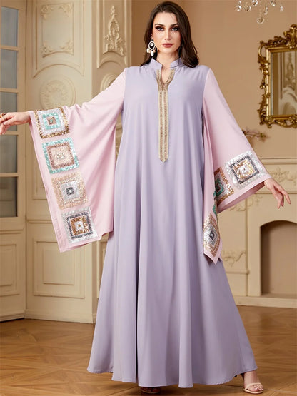 Siskakia Sequin Patchwork Batwing Sleeve Abaya Dress for Women
